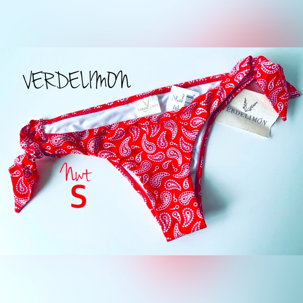 NWT micro Verdelimon red paisley low rise side tie luxe designer swim bottoms S